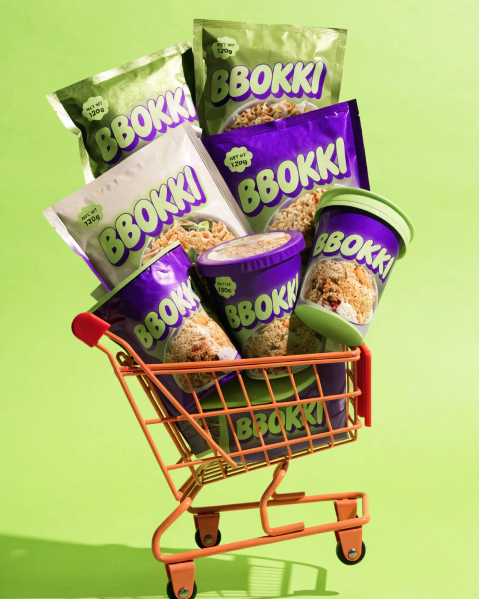 BBOKKI, a shopping cart overflowing with packs on lime green