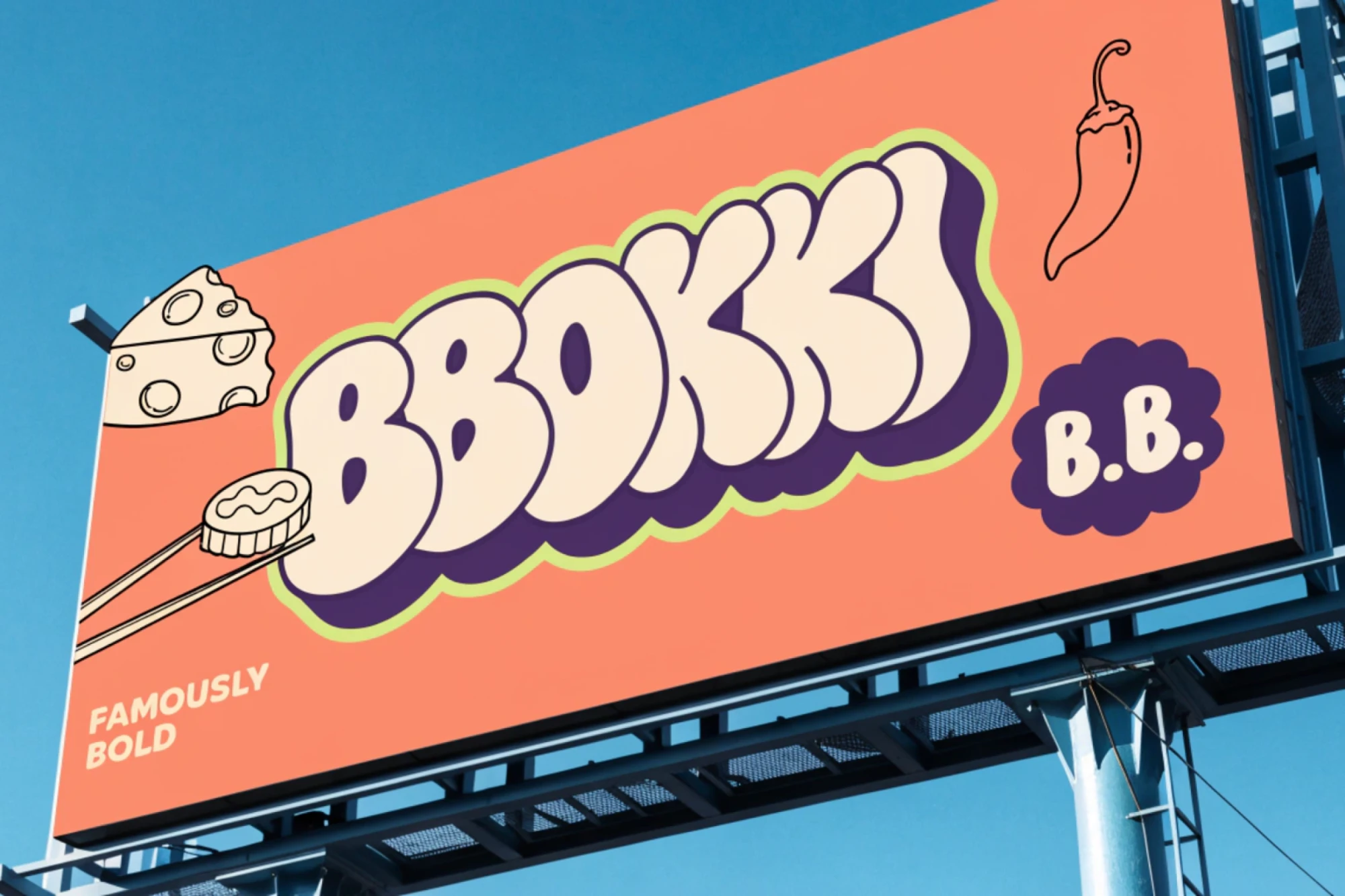 BBOKKI, a billboard with a chili and cheese illustration against blue sky