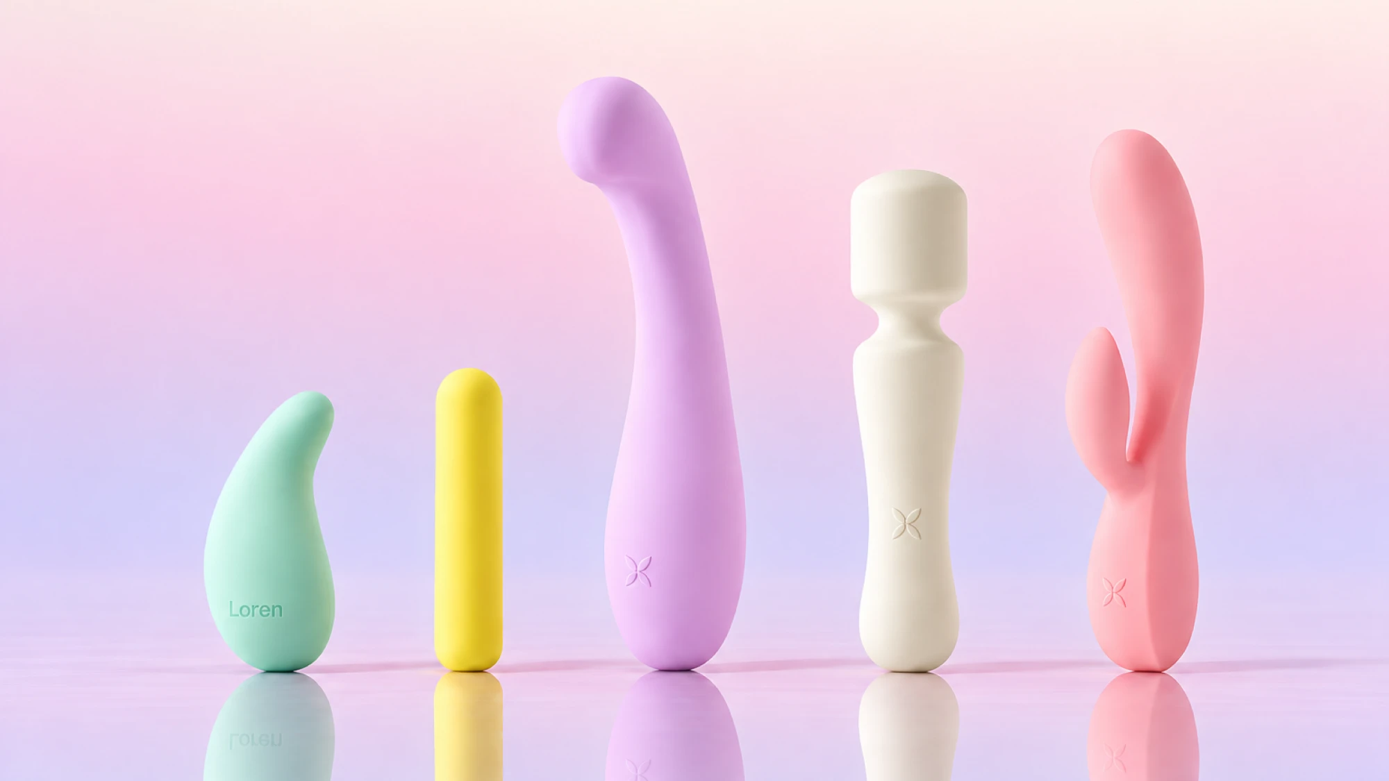 LOREN, the five-product lineup in mint, yellow, lilac, cream and coral on a pink gradient