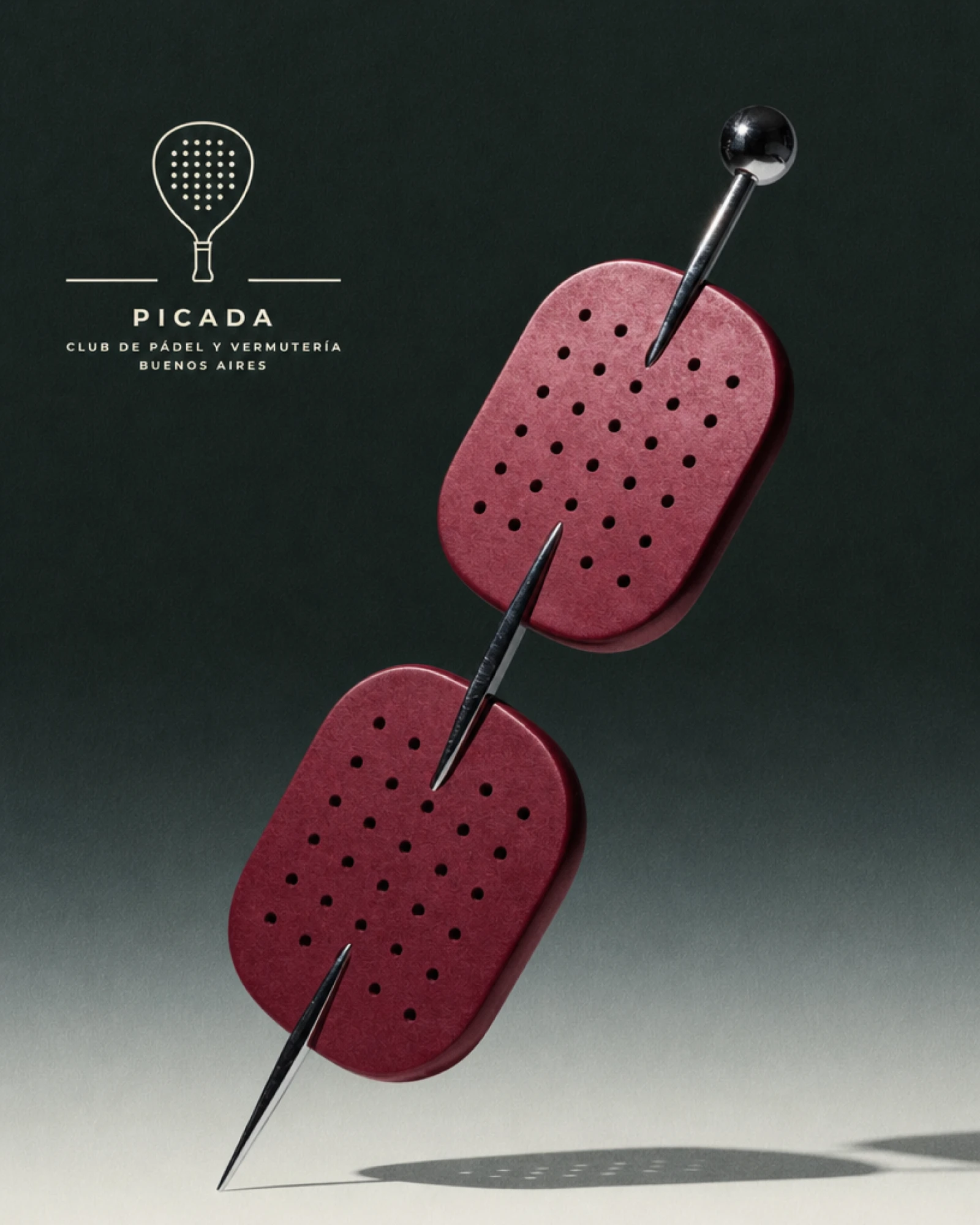 Picada, two burgundy padel rackets skewered like a cocktail pick on a dark poster