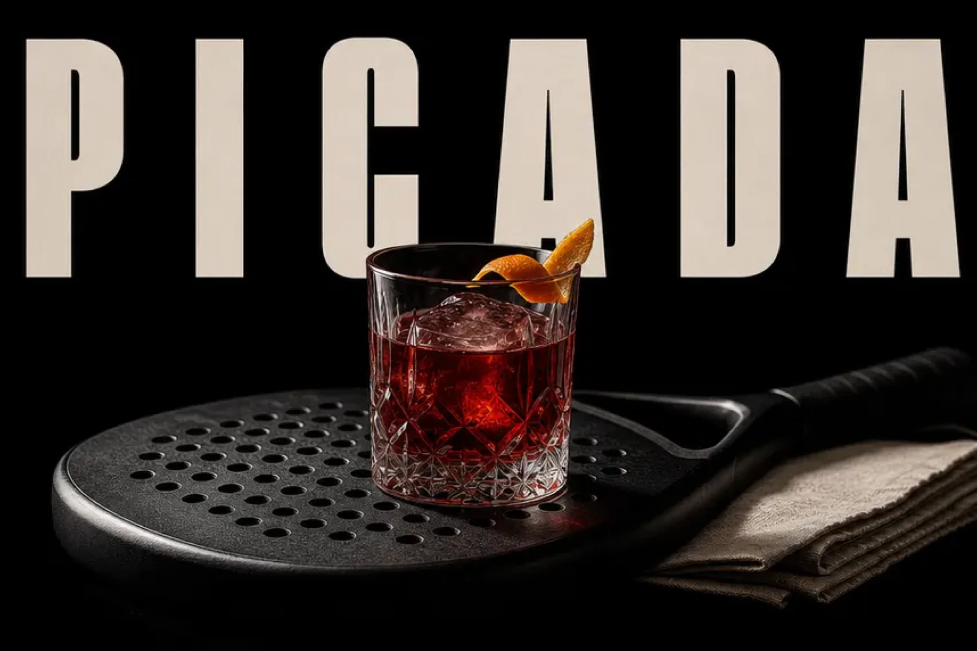 Picada, a red cocktail on a padel racket in front of the wordmark