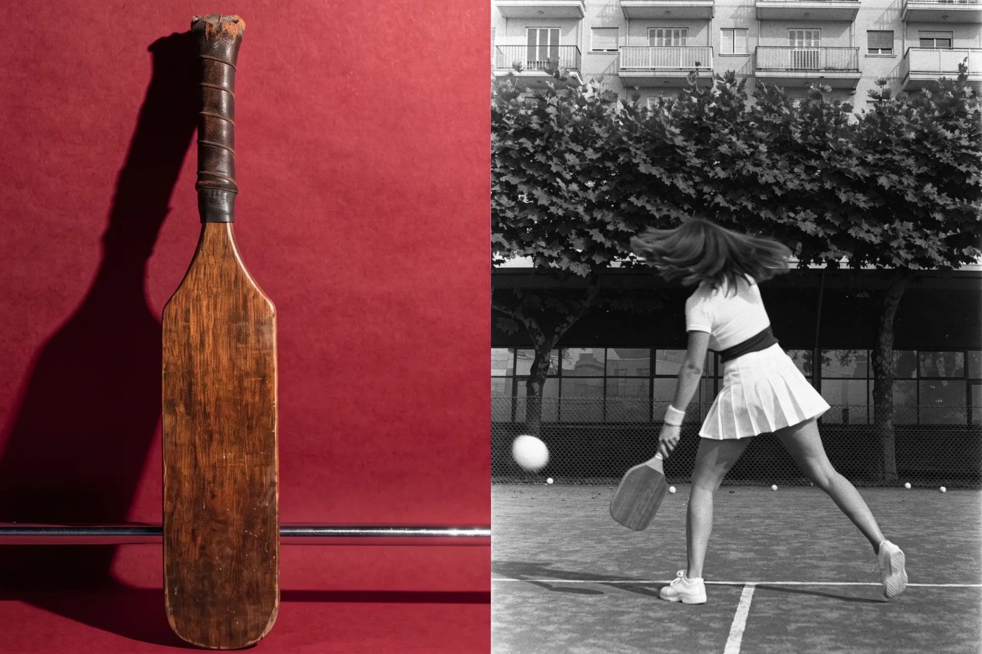 Picada, a vintage wooden paddle on red beside a black and white photo of a padel player