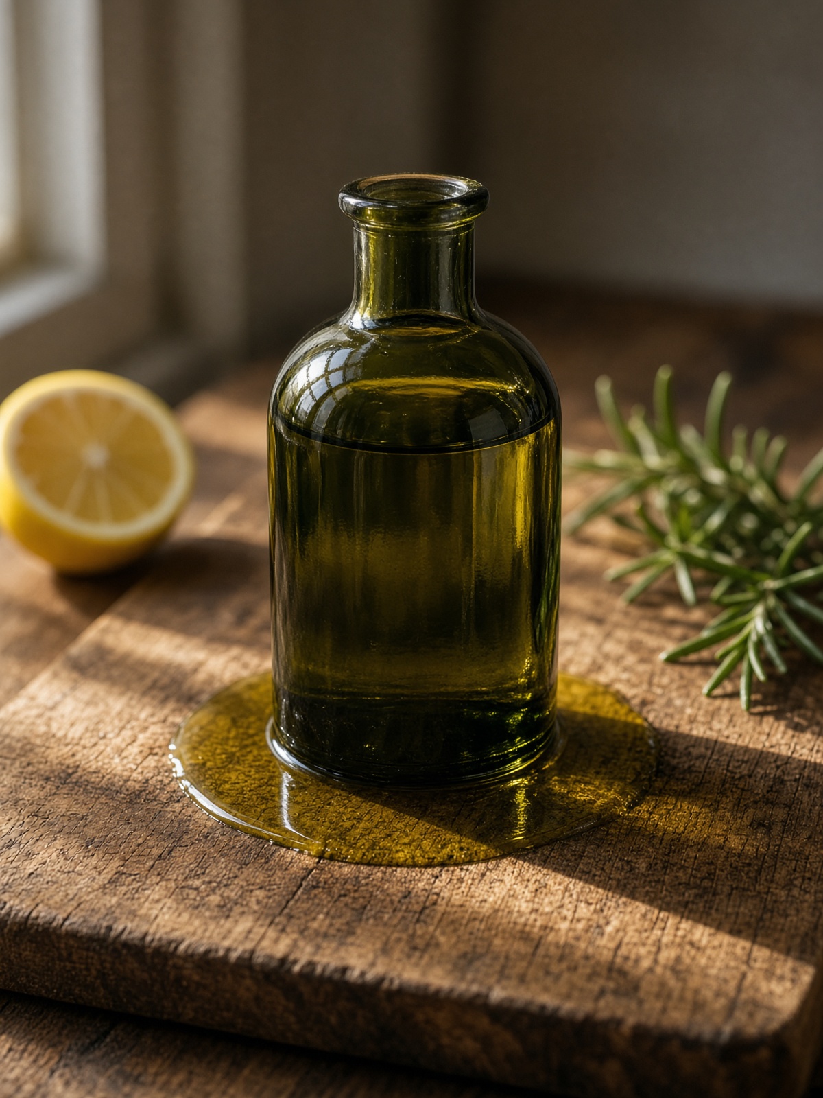 ZAYIT, a dark olive oil bottle on a wooden board with lemon halves and rosemary