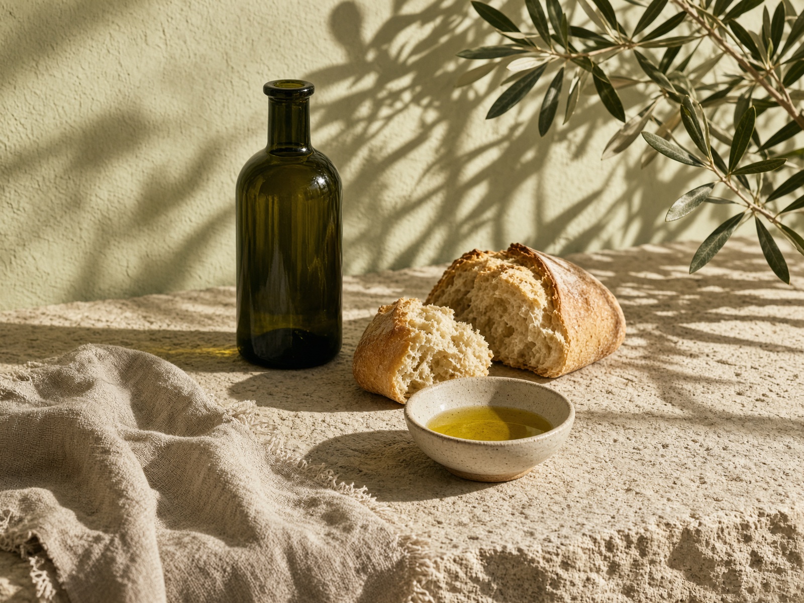 ZAYIT, an olive oil bottle, torn bread and a dish of oil on linen under olive branch shadows